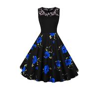 AXOE Vestido Mujer Años 50 Vintage Midi Floral Vestido de Fiesta Elegante Algodón con Encaje para Boda, Comunión y Verano Negro F3B, Tallas 46, XXL