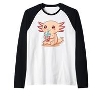 Axolotl Beber Boba Tea Anime Lindo Kawaii Divertido Té Burbuja Camiseta Manga Raglan