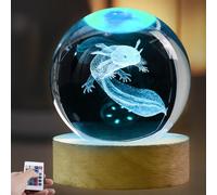 Axolotl Bola de Cristal Luz Nocturna 16 Colores 3D Axolotl Bola de Cristal Lámpara de Noche con Mando a Distancia 8 cm Regalos Axolotl con Base de Lámpara de Madera Claro Axolotl Lámparas Decorativas