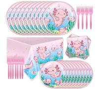 Axolotl - Suministros para fiesta de cumpleaños, incluye mantel, platos, servilletas y vajilla para niños y niñas, baby shower, temática de ajolote de dibujos animados rosa, suministros de fiesta