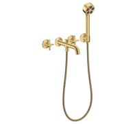 AXOR One de hansgrohe Grifería para bañera empotrada de 3 orificios para montaje en pared, con asas en cruz y ducha de mano., 48443250, Color: Óptica de oro cepillado
