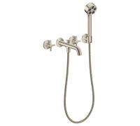 AXOR One de hansgrohe Grifería para bañera empotrada de 3 orificios para montaje en pared, con asas en cruz y ducha de mano., 48443820, Color: Níquel Cepillado