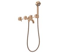AXOR One de hansgrohe Grifería para bañera empotrada de 3 orificios para montaje en pared, con asas en cruz y ducha de mano., 48443310, Color: Oro rojo cepillado