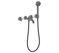 AXOR One de hansgrohe Grifería para bañera empotrada de 3 orificios para montaje en pared, con asas en cruz y ducha de mano., 48443340, Color: Cromo negro cepillado