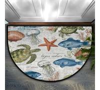 Axurera Alfombra semicircular, vida marina, tortuga, peces y estrellas de mar en letra vintage, lavable, semicírculo, para puerta delantera, entrada, baño, dormitorio, tapete antideslizante, 36 x 24