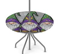 Axurera Mantel redondo para exteriores con agujero para sombrilla y cremallera, gnomos de Mardi Gras sobre gris, mantel ajustable con elástico, impermeable, se limpia con un paño, se adapta a mesas de