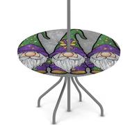 Axurera Mantel redondo para exteriores con agujero para sombrilla y cremallera, gnomos de Mardi Gras sobre gris, mantel ajustable con elástico, impermeable, se limpia con un paño, para patio, jardín