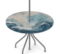 Axurera Mantel redondo para exteriores con agujero para sombrilla y cremallera, mantel ajustado con diseño abstracto de olas del océano y mar, elástico, impermeable, se limpia con un paño, se adapta a