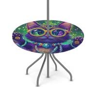 Axurera Mantel redondo para exteriores con agujero para sombrilla y cremallera, mantel ajustado con diseño de gato fresco de Mardi Gras con elástico, impermeable, se limpia con un paño, se adapta a