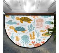 Axurera Tapete semicircular de área semicircular con dibujos animados de animales marinos, tortuga, medusas, cangrejo, lavable, semicircular para puerta delantera, entrada, baño, dormitorio, tapete