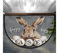 Axurera Tapete semicircular para puerta delantera, diseño de conejito de Pascua con texto en inglés "Happy Easter Bunny Gray", lavable, para entrada interior, baño, dormitorio, tapete antideslizante