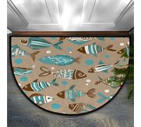 Axurera Tapete semicircular para puerta delantera, lavable, diseño bohemio de peces verde azulado sobre marrón, para entrada, baño, dormitorio, antideslizante, 91 x 61 cm