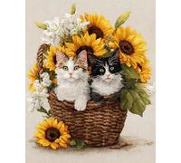 AYAOYANGGO Animal Diy Kit De Punto De Cruz Con Cuentas Gato En La Cesta De Flores Kit De Bordado De Cuentas Para Principiantes,Juego De Costura,Patrón Preimpreso,Decoración De Pared 60x80cm