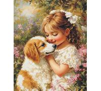 AYAOYANGGO Kit Punto De Cruz Niña Y Perro De Dibujos Animados Kits De Punto De Cruz Diy Para Adultos Con Agujas,Tijeras Y Enhebrador,Preimpresos Para Decorar La Pared Del Hogar.11CT 40x50cm