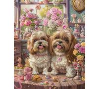 AYAOYANGGO Perros Animales Diy Kit De Bordado Francés Con Cuentas Shih Tzus Y Flores Kit De Bordado De Cuentas Para Principiantes,Juego De Costura,Patrón Preimpreso,Decoración De Pared 60x80cm