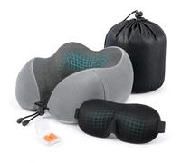 Ayars Almohada de Viaje Viscoelástica para Avión con Antifaz 3D y Tapones de Silicona | Cojín Cervical Ergonómico | Kit Accesorios Viaje Avión Cabina