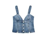 AYAZER Camisola de Mezclilla con Botones y Cuello en V Retro Europea y Americana, Top semielástico con Dobladillo de Chica Sexy y con Doble Abertura en la Espalda-Azul-M