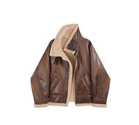 AYAZER Chaqueta de Piel para Mujer Cinturón Cremallera Suelta Lana de Cordero cálida Invierno Retro Engrosada Solapa de Motocicleta Chaqueta de Motocicleta Elegante de PU para Mujer-Marrón-M
