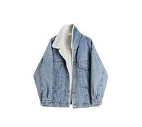 AYAZER Chaqueta Vaquera De Lana De Cordero para Mujer Chaqueta Vaquera De Lana De Un Solo Pecho Retro De Estilo Coreano Chaqueta Engrosada Cálida Informal De Moda De Invierno-Azul-L