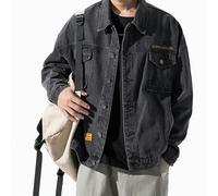 AYAZER Chaqueta Vaquera Engrosada de Terciopelo Retro para Hombre Chaqueta de Trabajo Informal Holgada de otoño e Invierno top-negro-3XL