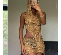 AYAZER Conjunto De Dos Piezas Transparente con Lentejuelas De Punto para Mujer, Tops Sexy Sin Espalda Sin Mangas con Capucha, Minifaldas Delgadas De Cintura Alta-Oro-L