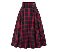 AYAZER Harajuku Falda Plisada A Cuadros para Mujer Estilo Retro Coreano Falda Informal De Cintura Alta Falda Larga Estilo Prep Gótico para Mujer-Rojo-M