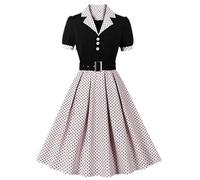 AYAZER Moda Verano Corto Vintage Casual Vestido De Mujer Elegante Estampado De Lunares Patchwork Cuello Vuelto Vestidos De Estilo Retro-1-S