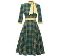 AYAZER Otoño Invierno Estampado A Cuadros Retro Vintage Una Línea Vestido De Fiesta 3/4 Manga Larga Elegantes Vestidos Pinup con Lazo-1-L