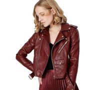 AYAZER Primavera y Otoño Chaqueta de Cuero de PU con Cremallera Multicolor Chaqueta con cinturón Corto Ropa de Moto-Borgoña-L