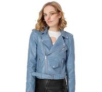 AYAZER Primavera y otoño Chaqueta de Cuero de PU con Cremallera Multicolor Chaqueta con cinturón Corto Ropa de Motocicleta-Azul-S