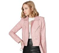 AYAZER Primavera y Otoño Chaqueta de Cuero de PU con Cremallera Multicolor Chaqueta con cinturón Corto Ropa de Motocicleta-Rosa-M