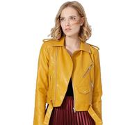 AYAZER Primavera y otoño Chaqueta de Cuero de PU con Cremallera Multicolor Chaqueta con cinturón Corto Ropa de Motocicleta-Amarillo-L