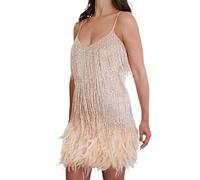 AYAZER Sexy Borla Lentejuelas Pluma Mini Vestido Mujer Spaghetti Strap Panel Vestido Mujer Elegante Noche Club Vestido-Dorado-M