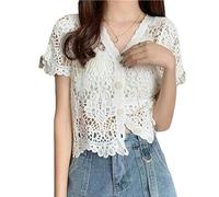 AYAZER Tejido de Crochet Hueco para el Sol para PROTECCIÓN Blusa Floral Mujer Top Suelto Cubierta de Playa para Vestido Cárdigan Corto con Frente Abierto de encaje-Blanco1-Talla única