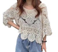 AYAZER Tejido de Crochet Hueco para Sol para PROTECCIÓN Blusa Floral Mujer Top Suelto Cubierta de Playa para Vestido Cárdigan Corto con Frente Abierto de Encaje-Albaricoque-Talla única