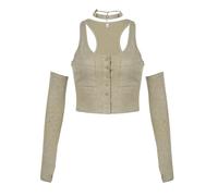 AYAZER Top Corto con Ombligo y Ropa de Trabajo con Bolsillo Delgado de Hot Girl-Caqui-S