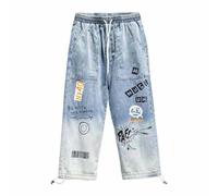 AYAZER Vaqueros con Estampado de Letras, Leggings Sueltos con Grafiti para Hombre, Pantalones con cordón-Azul Claro-M