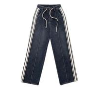 AYAZER Vaqueros Retro Rectos con cordón de Talla Grande para Mujer en Primavera y Verano para Pantalones Anchos de Pierna Ancha a Rayas, Rectos, Sueltos, Lavados Oscuros, de mm gordos-Azul Gris-M
