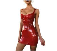 AYAZER Vestido de Mujer Joven con Tirantes Brillantes envueltos en el Pecho y Cintura Delgada con Tirantes de Cuero PU-Rojo-S
