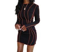 AYAZER Vestido Delgado Estilo Cyberpunk Tech para Mujer Color de Contraste Cuello Redondo Mangas largas Acampanadas Primavera y otoño-B-Vestido Corto Negro-L