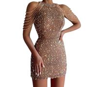 AYAZER Vestido Elegante de Verano con borlas de Cristal a la Cadera, Minivestido Sexy con Lentejuelas Brillantes, Vestido de Fiesta de Club de Color sólido a la Moda para mujer-02 Beige-S