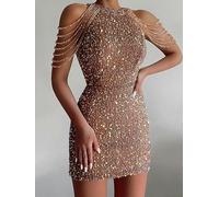 AYAZER Vestido Elegante de Verano con borlas de Cristal y Cadera, Minivestido Sexy con Lentejuelas y Cuello Halter, Vestido de Fiesta de Club de Color sólido a la Moda para mujer-02 Beige-XL