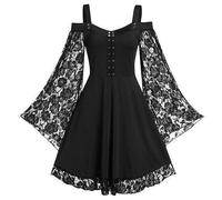 AYAZER Vestido Gótico Oscuro Gótico Vintage De Encaje Vestido Gótico De Mujer con Hombros Descubiertos Mangas Largas De Campana Vestido De Fiesta con Vendaje De Talla Grande-Negro-XL