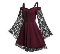 AYAZER Vestido Gótico Oscuro Gótico Vintage de Encaje Vestido Gótico de Mujer con Hombros Descubiertos y Mangas Largas de Campana Vestido de Fiesta con Vendaje de Talla Grande-Rojo Vino-L