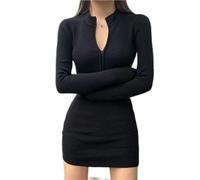 AYAZER Vestido Negro Ajustado Sexi para Mujer, Moda Coreana, Primavera 2023, Manga Larga, Cremallera, Mini Skims, Ropa de Calle Vintage gótica-Hei-S