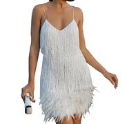 AYAZER Vestidos de Tirantes para Mujer, Ropa de Verano Elegante de Lujo para Fiesta de Noche, sin Mangas, Cuello en V, borlas, Vestido Corto de Plumas para Discoteca, Ropa de Calle-aS