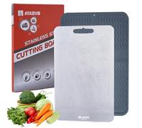AYAZUS Tabla de cortar de acero inoxidable con alfombrilla de secado de silicona, antideslizante, fácil de limpiar, bordes ovalados, grado alimenticio, doble cara, resistente al calor, perfecta para