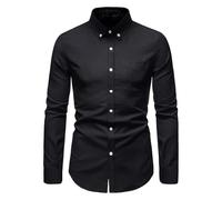 AYBIOSD Camisas Casuales Retro De Manga Larga para Hombres Camisas De Color Sólido De Moda con Solapa Camisa Ajustada con Botones,Negro,S