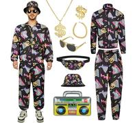 AYBUY Disco Set de Nueve Piezas, Que Incluye Camisa de Manga Larga, Pantalón, Sombrero, Cinturón, Collar, Pulsera, Anillo, Gafas de Sol y Radio Inflable para Fiesta de Los 70 (M-Negro)