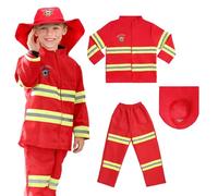 AYBUY Disfraz de Bombero para Niños, 3 pcs Traje de Bombero Infantil con sombrero, Juego de rol de Bombero para Disfraces, Educación sobre Simulacros de Incendio, Navidad (Rojo 110CM)